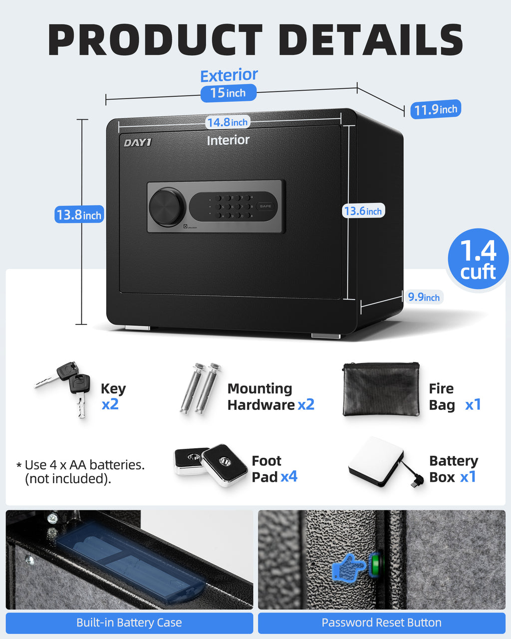 DAYI 2.0 Cubic Feet Home Safe with Fireproof Waterproof Bag